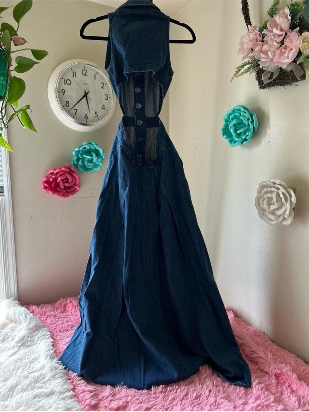 One left Dark Blue Denim Maxi Dress with Statement Buttons size 10 - Picture 3 of 8